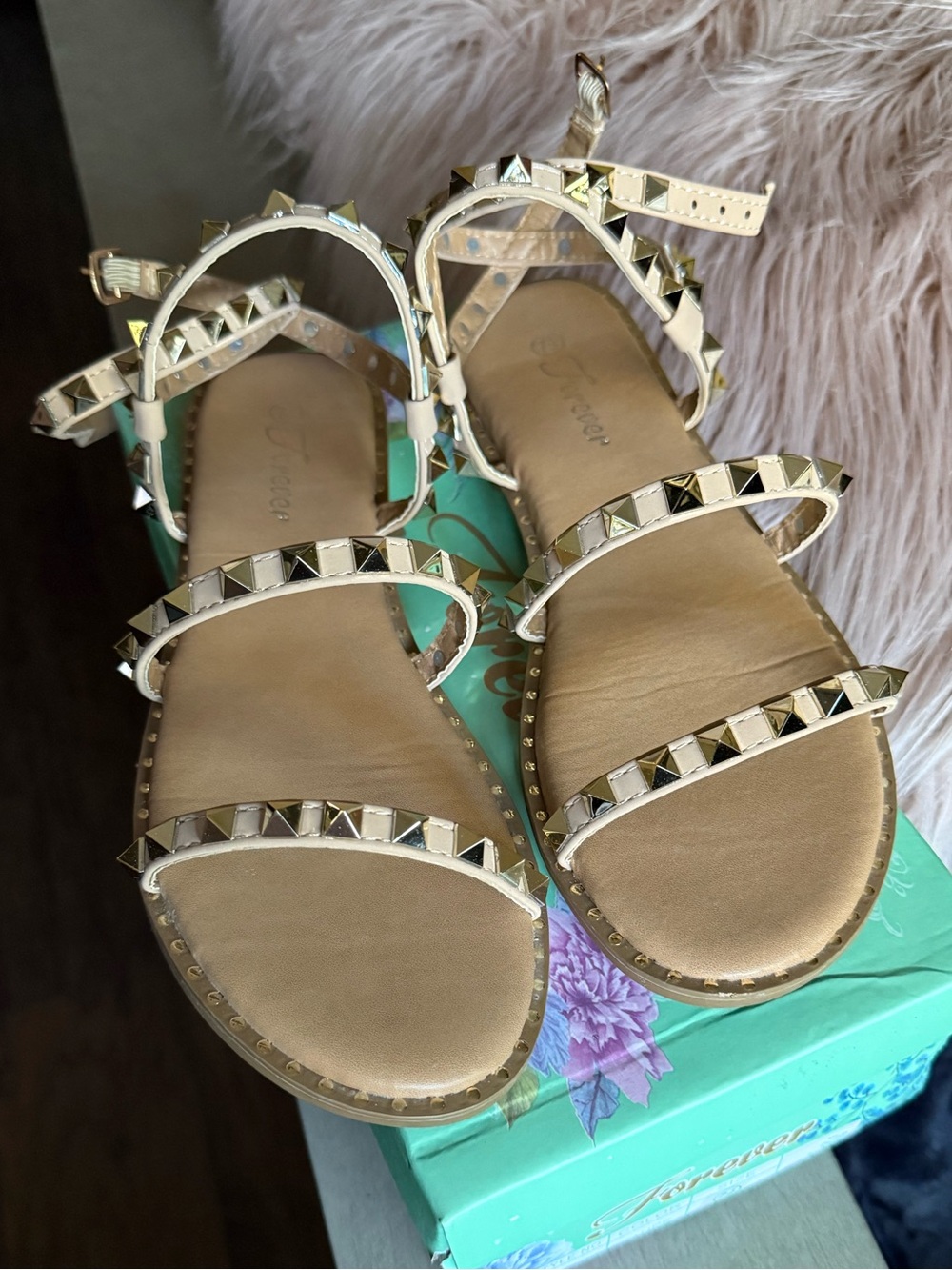 Forever Nude/Tan Pyramid Stud Strappy Sandals